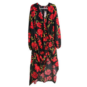 Boohoo Plus Floral Wrap Ruched Front Midaxi Dress Black Red Long Sleeve 24 NWT